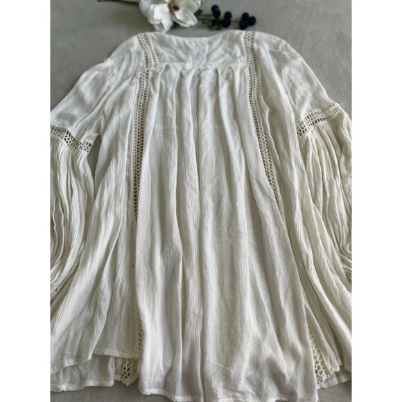 Boho Chic White Tunic Blouse Crochet Detailing & Balloon Sleeves Womens Size L - Picture 3 of 11